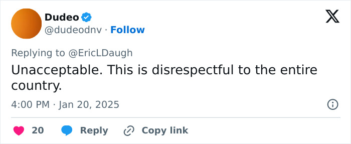 Tweet criticizing a senator's gym shorts at presidential inauguration as disrespectful to the country. Tweet criticizing a senator's gym shorts at presidential inauguration as disrespectful to the country.
