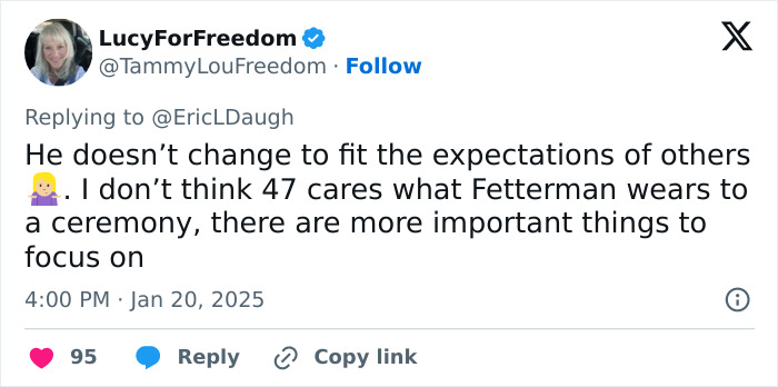 Tweet discusses importance beyond clothing choice at ceremony, referencing senator's gym shorts and focusing on priorities. Tweet discusses importance beyond clothing choice at ceremony, referencing senator's gym shorts and focusing on priorities.