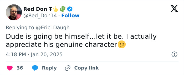 Tweet commenting on senator's gym shorts at presidential inauguration, expressing appreciation for genuine character. Tweet commenting on senator's gym shorts at presidential inauguration, expressing appreciation for genuine character.