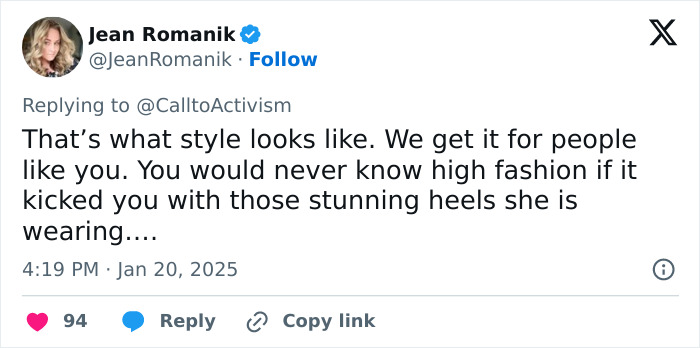 Tweet discussing reactions to Melania Trump's inauguration outfit and style. Tweet discussing reactions to Melania Trump's inauguration outfit and style.