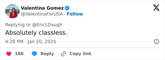 Valentina Gomez tweets "Absolutely classless" in response to senator's gym shorts at inauguration. Valentina Gomez tweets "Absolutely classless" in response to senator's gym shorts at inauguration.