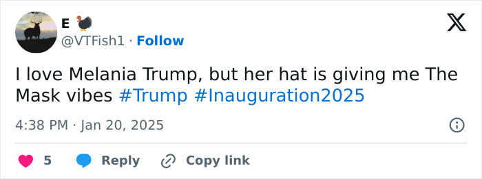 A tweet humorously reacts to Melania Trump's inauguration outfit and hat. A tweet humorously reacts to Melania Trump's inauguration outfit and hat.