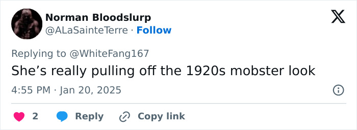 Tweet commenting on Melania Trump's outfit resembling a 1920s mobster look. Tweet commenting on Melania Trump's outfit resembling a 1920s mobster look.