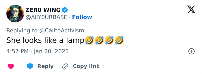 Tweet humorously compares Melania Trump's outfit to a lamp with laughing emojis. Tweet humorously compares Melania Trump's outfit to a lamp with laughing emojis.