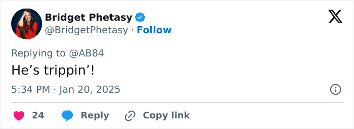 Tweet by Bridget Phetasy saying “He’s trippin’!”, related to Elon Musk meme and Mars mention. Tweet by Bridget Phetasy saying “He’s trippin’!”, related to Elon Musk meme and Mars mention.