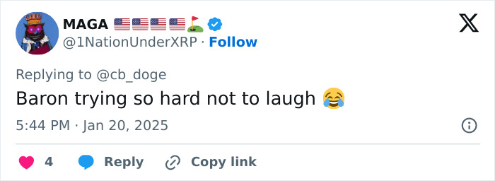 Tweet referencing Elon Musk meme over Mars mention at inauguration, posted by @1NationUnderXRP with laughing emoji. Tweet referencing Elon Musk meme over Mars mention at inauguration, posted by @1NationUnderXRP with laughing emoji.