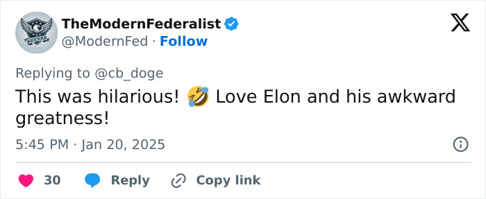 Tweet about Elon Musk's humor and awkwardness highlighted during a presidential inauguration. Tweet about Elon Musk's humor and awkwardness highlighted during a presidential inauguration.