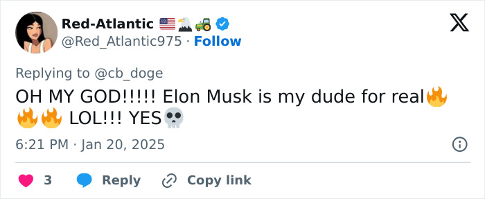 Tweet reacting enthusiastically to Elon Musk becoming a meme at a presidential inauguration with fire emojis. Tweet reacting enthusiastically to Elon Musk becoming a meme at a presidential inauguration with fire emojis.
