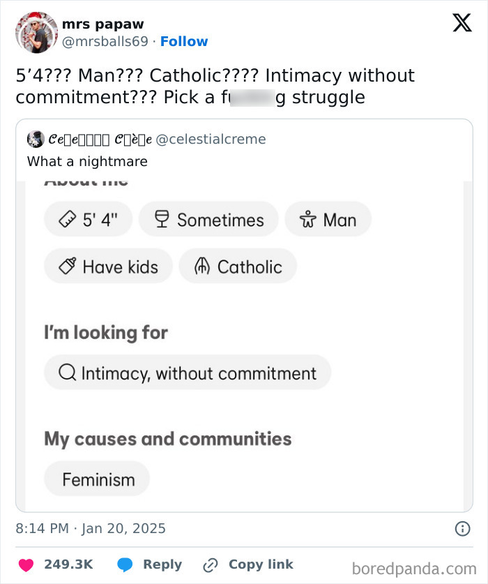 Funny tweet about preferences in a dating profile, highlighting struggles and seeking intimacy without commitment.