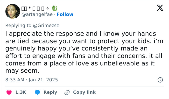 Tweet response about Grimes' involvement in accusations discussion at inauguration rally. Tweet response about Grimes' involvement in accusations discussion at inauguration rally.