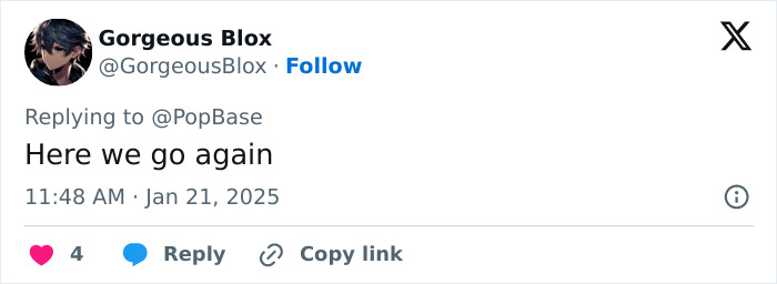 Tweet responding to PopBase, text reads: "Here we go again. Tweet responding to PopBase, text reads: "Here we go again.