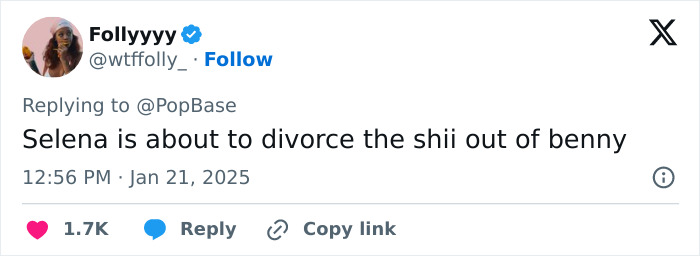 A tweet discussing divorce rumors, mentioning Selena and Benny. A tweet discussing divorce rumors, mentioning Selena and Benny.