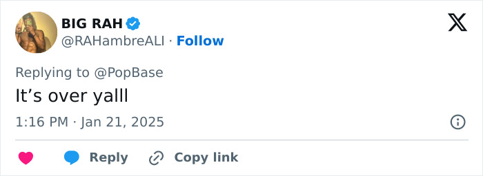 Tweet by user @RAHambreALI saying "It’s over yalll" in response to PopBase. Tweet by user @RAHambreALI saying "It’s over yalll" in response to PopBase.