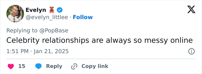 Tweet discussing celebrity relationship rumors with a comment on online messiness. Tweet discussing celebrity relationship rumors with a comment on online messiness.