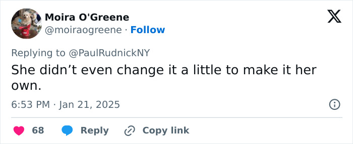 Tweet response discussing elegance and class, mentioning lack of originality in a design. Tweet response discussing elegance and class, mentioning lack of originality in a design.