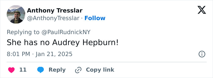 Tweet screenshot commenting on Audrey Hepburn in comparison to Ivanka Trump. Tweet screenshot commenting on Audrey Hepburn in comparison to Ivanka Trump.