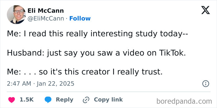 A funny tweet exchange about trusting a TikTok creator.
