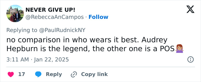 Tweet comparing Audrey Hepburn's elegance and class to another figure, emphasizing her legendary status. Tweet comparing Audrey Hepburn's elegance and class to another figure, emphasizing her legendary status.