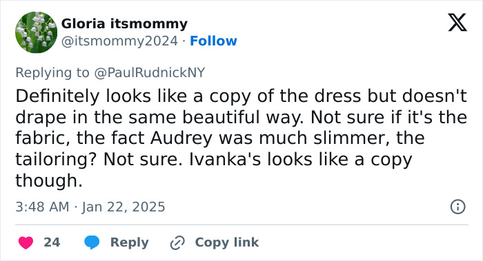 Tweet criticizing Ivanka Trump's dress as a copy, mentioning Audrey Hepburn's elegance and class. Tweet criticizing Ivanka Trump's dress as a copy, mentioning Audrey Hepburn's elegance and class.