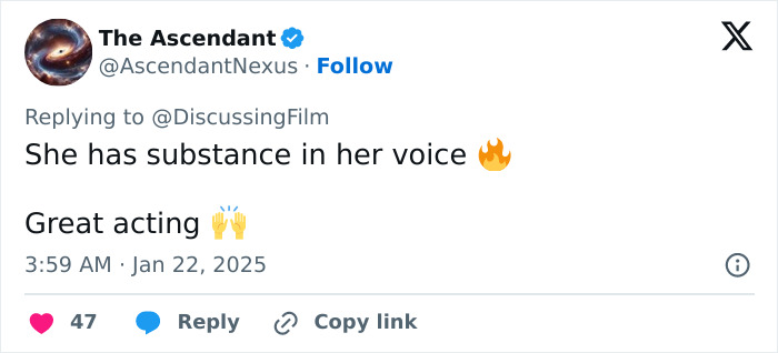 Tweet praising Lily-Rose Depp's acting in Nosferatu audition, mentioning her voice's substance with fire emoji. Tweet praising Lily-Rose Depp's acting in Nosferatu audition, mentioning her voice's substance with fire emoji.