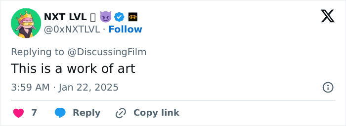 Tweet reply praising Lily-Rose Depp's viral audition video, calling it "a work of art," posted on January 22, 2025. Tweet reply praising Lily-Rose Depp's viral audition video, calling it "a work of art," posted on January 22, 2025.