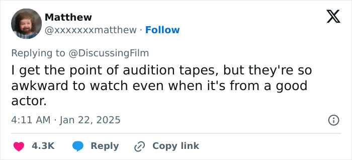 Tweet discussing awkwardness of watching audition tapes, even from talented actors. Tweet discussing awkwardness of watching audition tapes, even from talented actors.