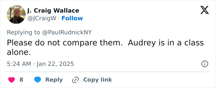 Tweet response about elegance and class, stating Audrey is in a class alone. Tweet response about elegance and class, stating Audrey is in a class alone.