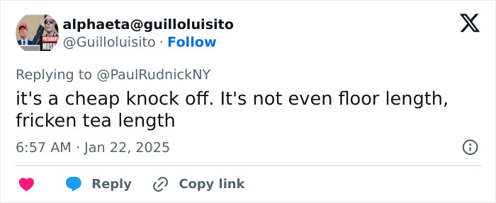 Tweet criticizing Ivanka Trump's dress, mentioning it's a knockoff and tea length, not floor length. Tweet criticizing Ivanka Trump's dress, mentioning it's a knockoff and tea length, not floor length.