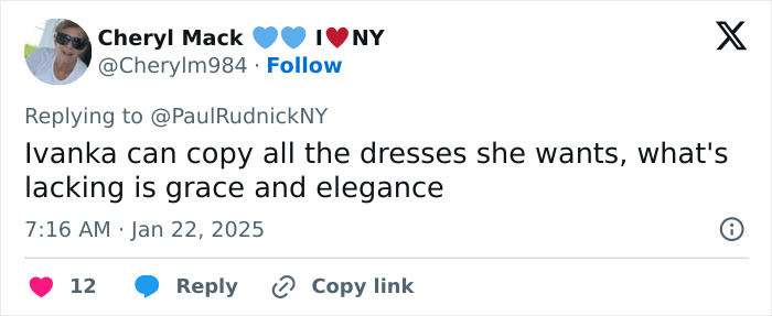 Tweet criticizing Ivanka Trump's dress, noting a lack of elegance and grace. Tweet criticizing Ivanka Trump's dress, noting a lack of elegance and grace.