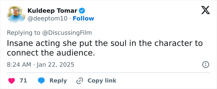 Tweet praising acting skills from Lily-Rose Depp's audition for Nosferatu, highlighting emotional connection. Tweet praising acting skills from Lily-Rose Depp's audition for Nosferatu, highlighting emotional connection.