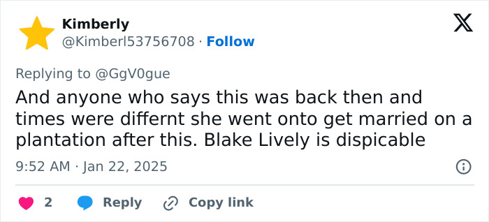 Tweet criticizing Blake Lively for past actions and marriage on a plantation, questioning her character. Tweet criticizing Blake Lively for past actions and marriage on a plantation, questioning her character.