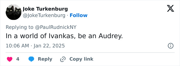 Tweet referencing elegance and class in a comparison between Ivanka Trump and Audrey Hepburn. Tweet referencing elegance and class in a comparison between Ivanka Trump and Audrey Hepburn.