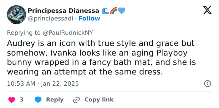 Tweet discussing elegance, class, and comparing Audrey Hepburn’s style to Ivanka Trump’s dress. Tweet discussing elegance, class, and comparing Audrey Hepburn’s style to Ivanka Trump’s dress.