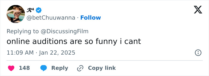 Tweet about online auditions, mentioning they are funny, dated January 22, 2025. Tweet about online auditions, mentioning they are funny, dated January 22, 2025.
