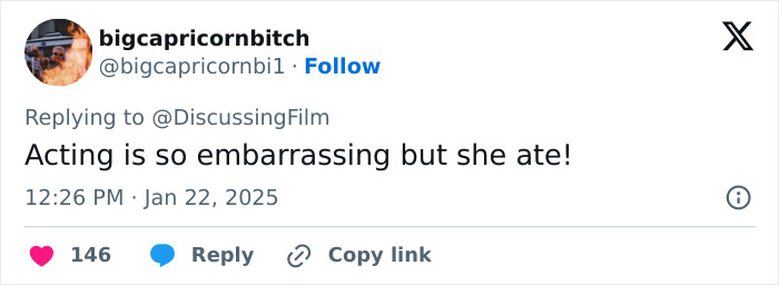 Tweet reaction mentioning acting and eating, related to Lily-Rose Depp's viral Nosferatu audition. Tweet reaction mentioning acting and eating, related to Lily-Rose Depp's viral Nosferatu audition.