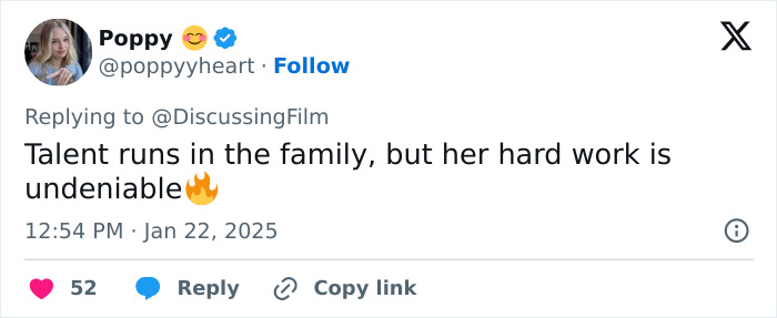 Tweet commenting on Lily-Rose Depp's talent and hard work. Tweet commenting on Lily-Rose Depp's talent and hard work.