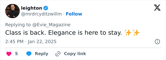 Tweet by user, saying "Class is back. Elegance is here to stay" with sparkling emojis. Tweet by user, saying "Class is back. Elegance is here to stay" with sparkling emojis.
