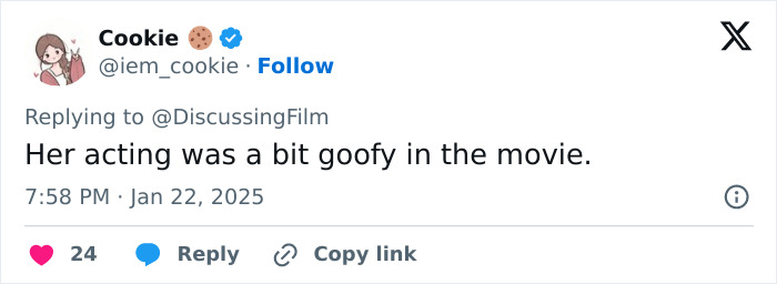 Tweet criticizing Lily-Rose Depp's acting, calling it "goofy" in the movie. Tweet criticizing Lily-Rose Depp's acting, calling it "goofy" in the movie.