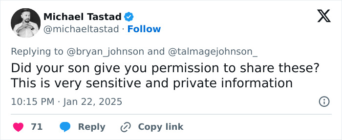 Tweet criticizing billionaire for sharing intimate details about son, questioning consent and privacy issues. Tweet criticizing billionaire for sharing intimate details about son, questioning consent and privacy issues.