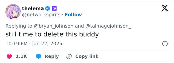 “Tweet criticizing billionaire's post on reversing aging, urging deletion.” “Tweet criticizing billionaire's post on reversing aging, urging deletion.”