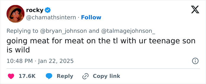 Tweet criticizing billionaire's post about reversing aging and tracking son's details, captioned "going meat for meat. Tweet criticizing billionaire's post about reversing aging and tracking son's details, captioned "going meat for meat.