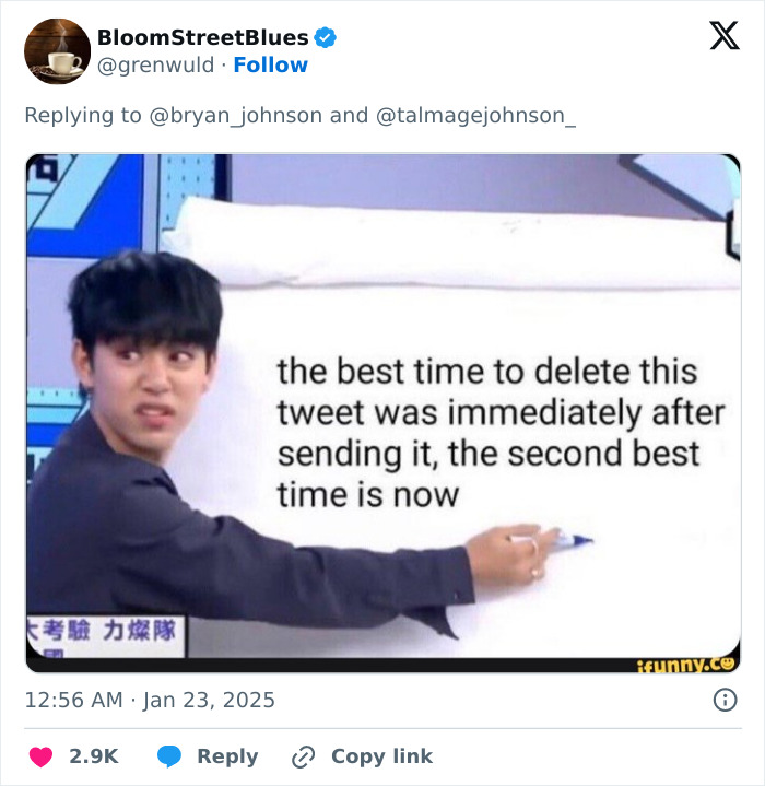 Person pointing at humorous tweet about timing. Keywords: "Billionaire reverse aging. Person pointing at humorous tweet about timing. Keywords: "Billionaire reverse aging.