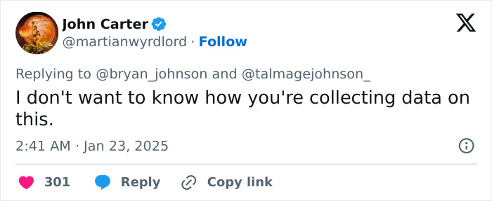 Tweet criticizing billionaire's data collection on aging reversal efforts. Tweet criticizing billionaire's data collection on aging reversal efforts.
