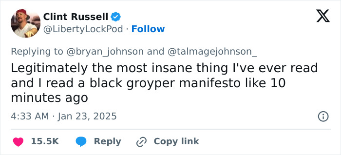 Tweet reaction to billionaire's aging reversal post, describing it as "insane. Tweet reaction to billionaire's aging reversal post, describing it as "insane.