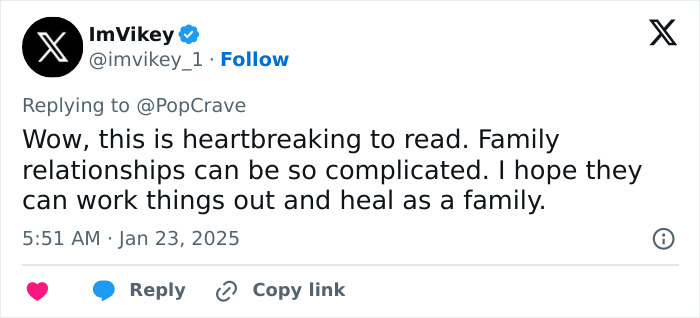 Social media post on family relationships, addressing Billy Ray Cyrus, reads about complications and hopes for family healing. Social media post on family relationships, addressing Billy Ray Cyrus, reads about complications and hopes for family healing.