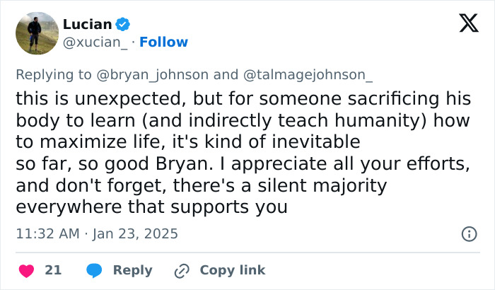 Tweet supporting billionaire's efforts to reverse aging, highlighting sacrifice and appreciation for his work. Tweet supporting billionaire's efforts to reverse aging, highlighting sacrifice and appreciation for his work.