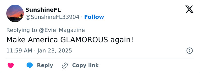 Tweet discussing elegance and class with a reference to making America glamorous again. Tweet discussing elegance and class with a reference to making America glamorous again.