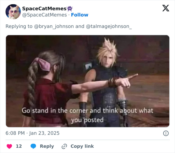 Characters in a meme pointing with caption about reflecting on a post; related to billionaire and aging reversal controversy. Characters in a meme pointing with caption about reflecting on a post; related to billionaire and aging reversal controversy.