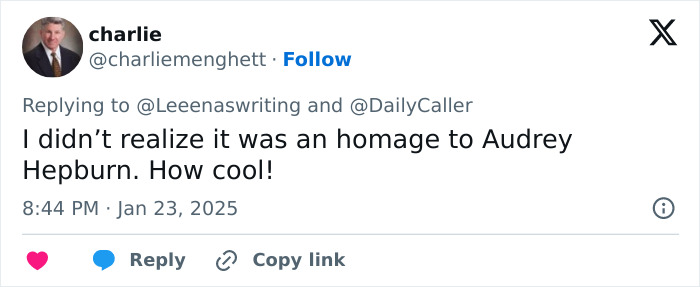 Tweet by user charliemenghett about Audrey Hepburn homage and Ivanka Trump's dress, expressing surprise and admiration. Tweet by user charliemenghett about Audrey Hepburn homage and Ivanka Trump's dress, expressing surprise and admiration.