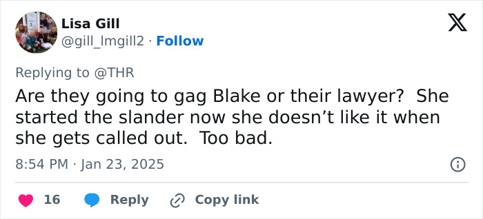 Tweet reacting to Justin Baldoni addressing a gag order demand against his lawyer in a legal case. Tweet reacting to Justin Baldoni addressing a gag order demand against his lawyer in a legal case.